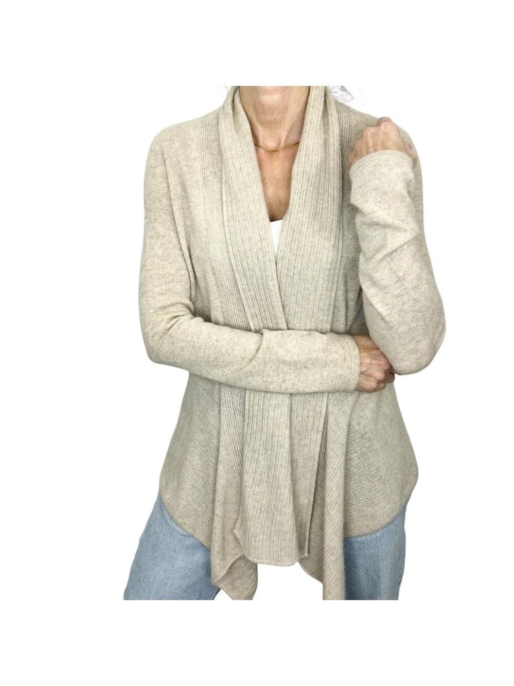 Rino Rossi 100% cashmere beige open front waterfall cardigan sweater S